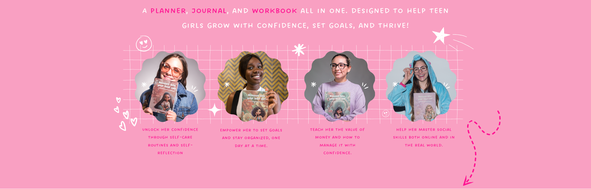 Four teenage girls holding planners for self-care, goals, and organization